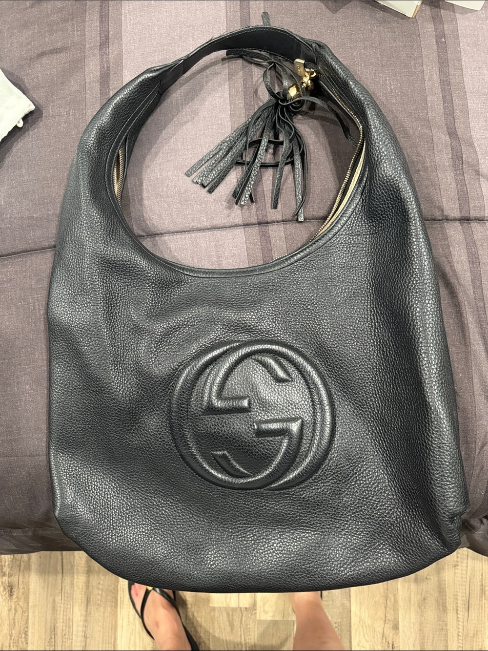 Gucci Black Pebbled Leather Shoulder Bag with Tassel